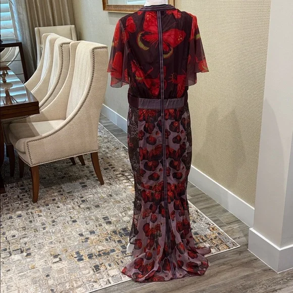Byron Lars, Elegant,Unique Floral Sheer Maxi Dress, Red/Purple Accents, size 10 - Picture 6 of 15